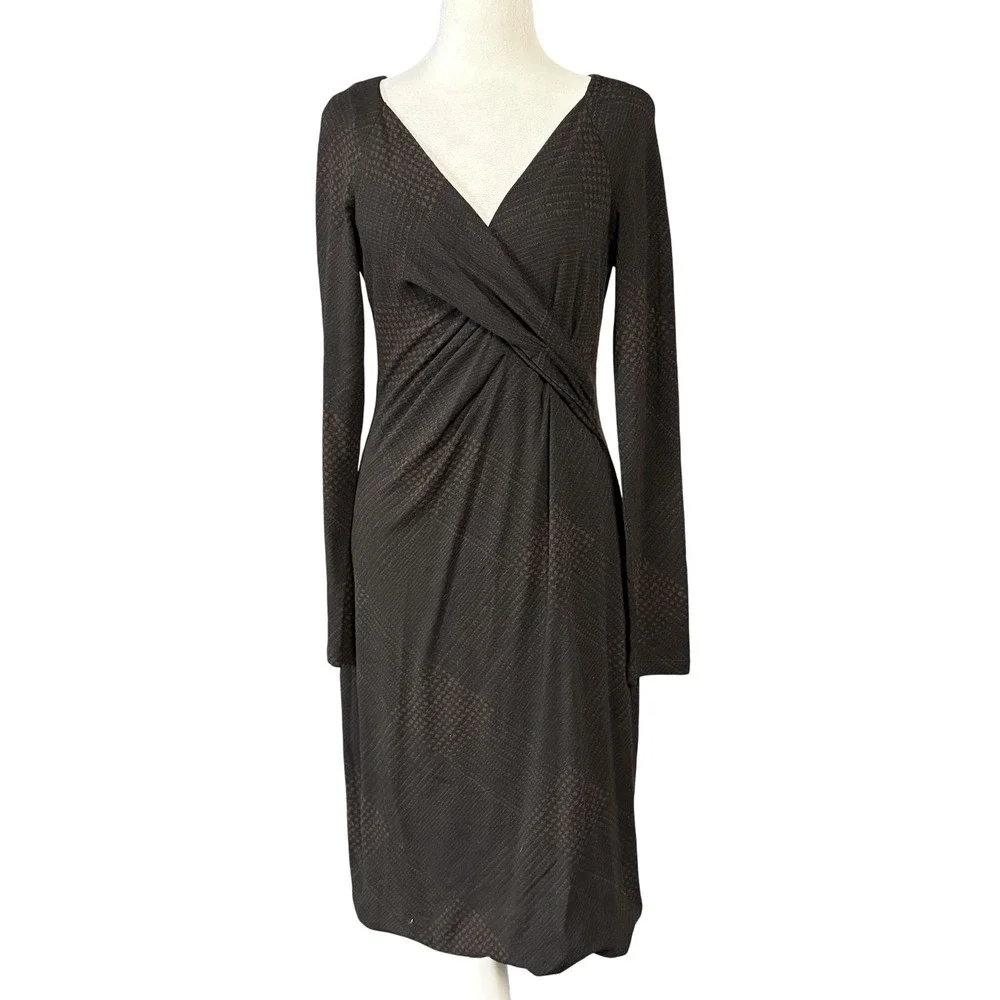 Max Mara Dress Womens 44 Brown Wool Blend Wrap Sheath Long Sleeve Made Italy
